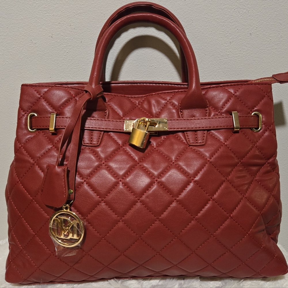 Badgley Mischka Brick Red Quilted Tote with Gold Lock Accent